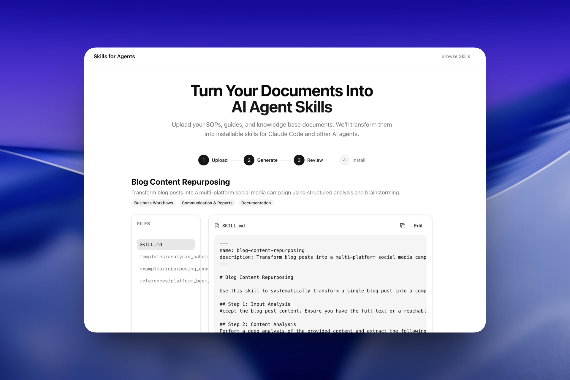 Skills for Agents - Screenshot 2 showing product features and functionality