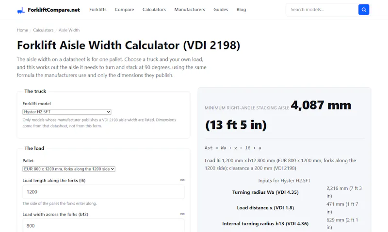 Forklift Aisle Width Calculator screenshot 3