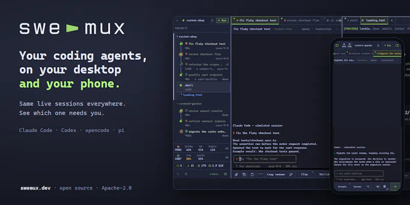 swe-mux: coding agents on desktop+mobile screenshot 2