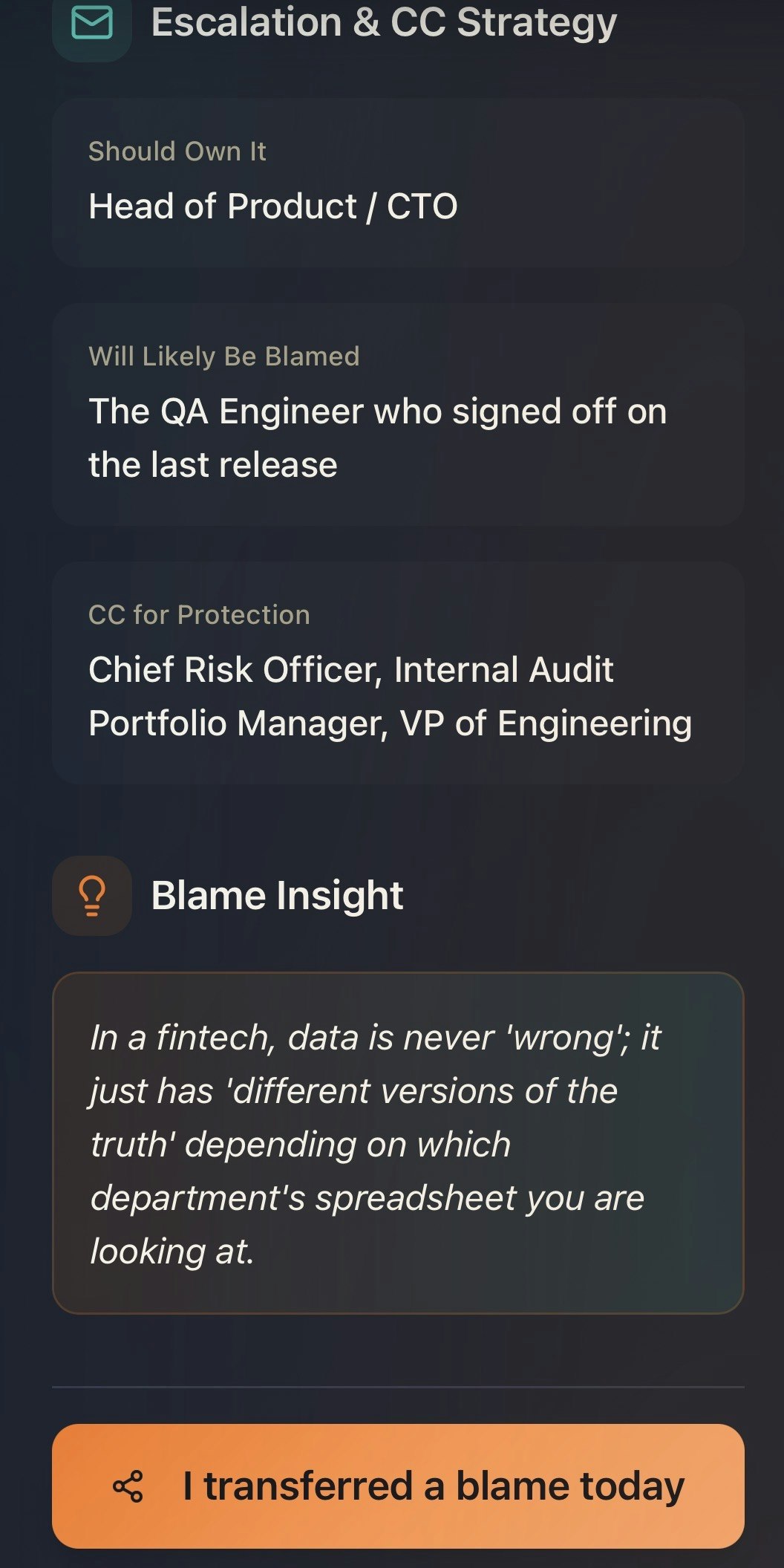 Transfer the Blame | Contextual Excuses - Screenshot 4 showing product features and functionality