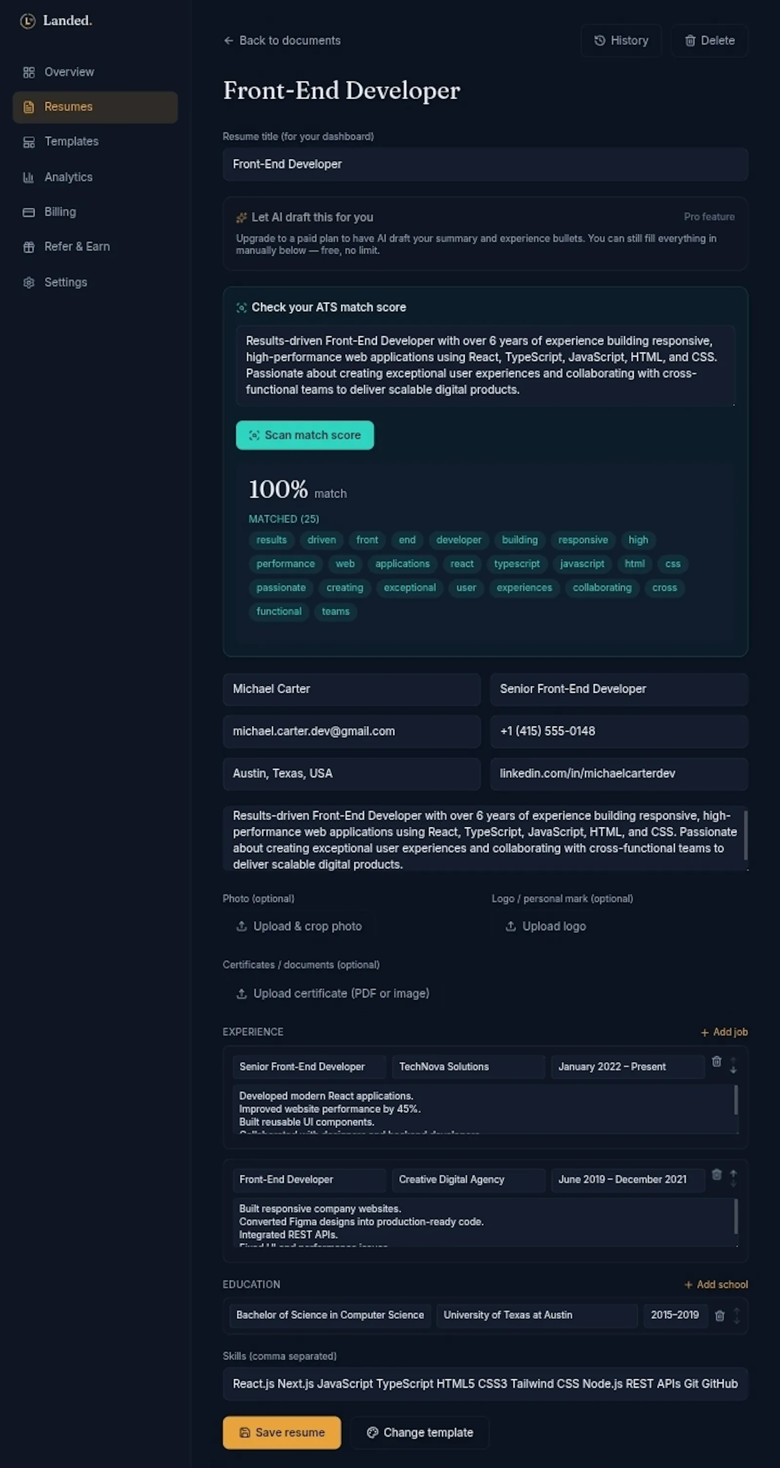 Landed — Resumes that clear the ATS screenshot 5