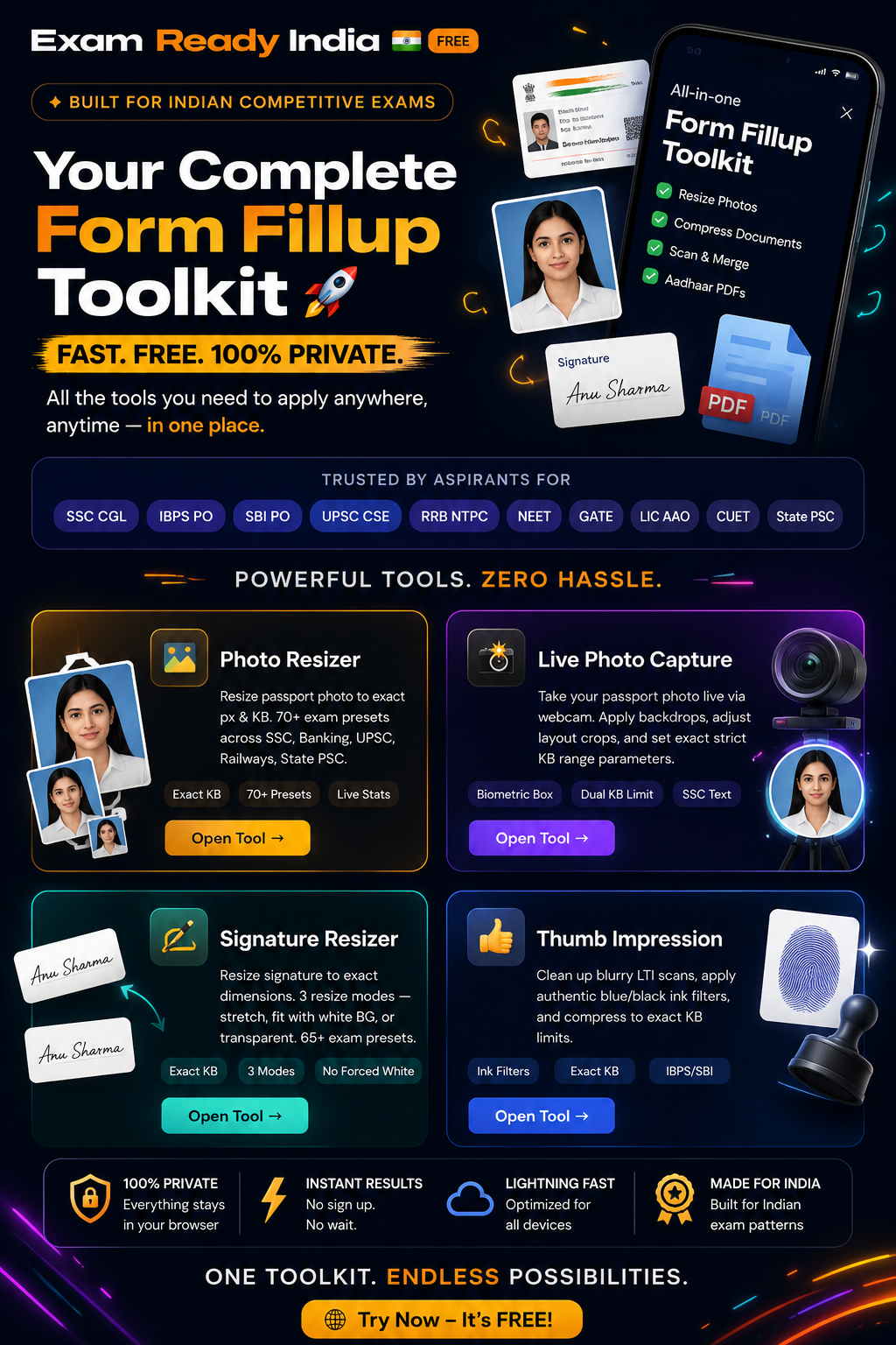 ExamReady India — Free Photo, Sign Tool