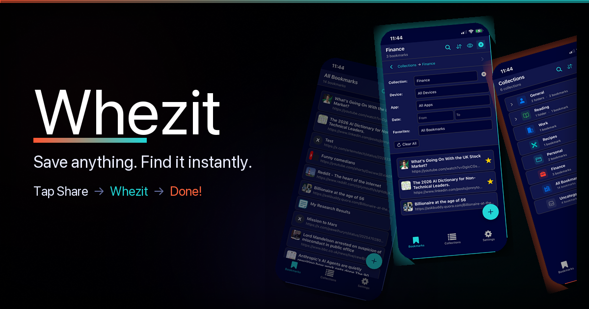 Whezit — Save anything from any app - Main product screenshot demonstrating key features and user interface