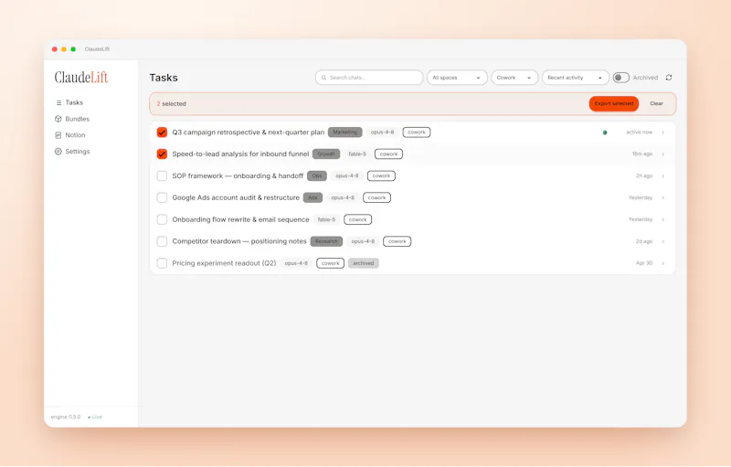 ClaudeLift , Git for Claude Cowork chats screenshot 3
