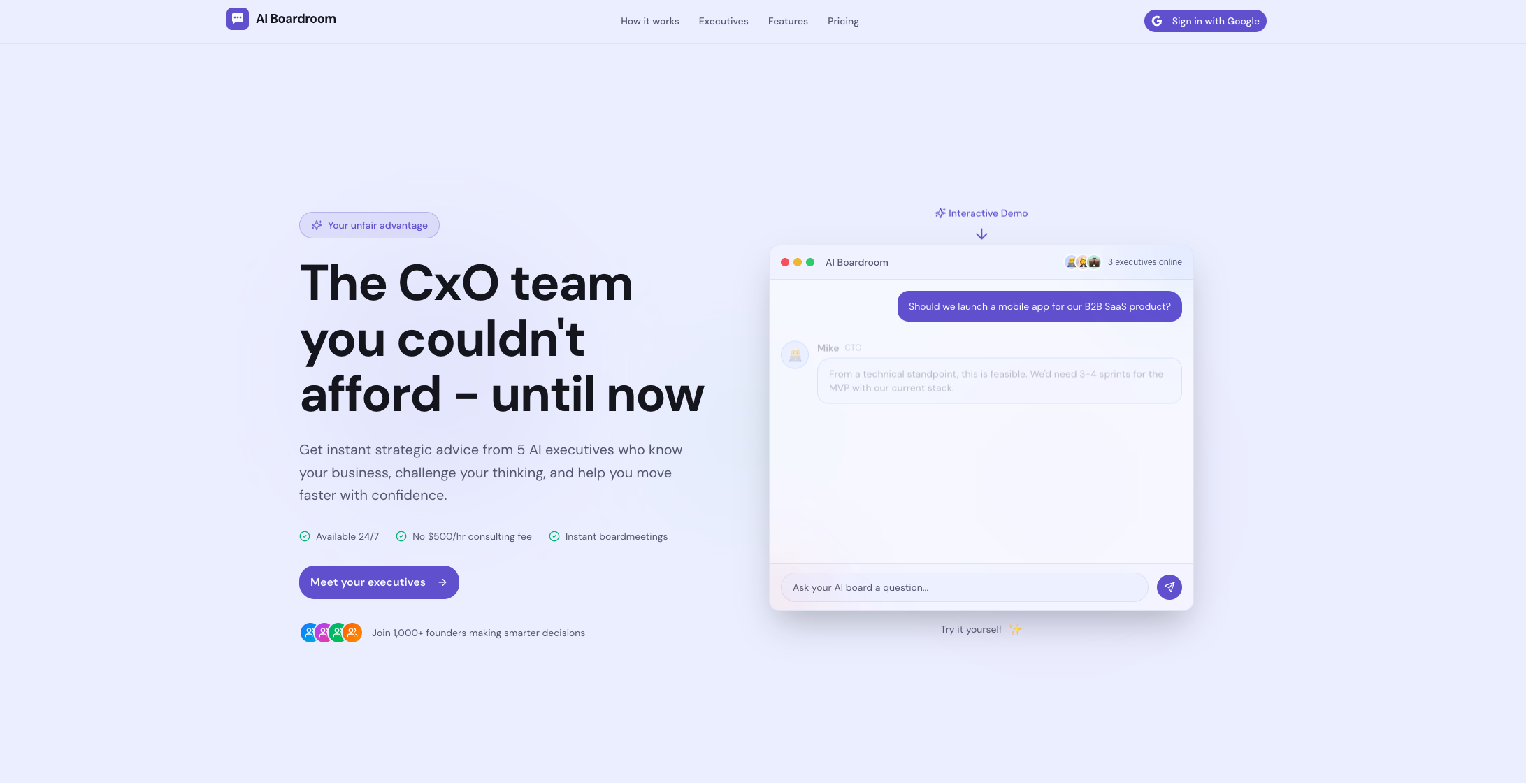 AI Boardroom - Main product screenshot demonstrating key features and user interface