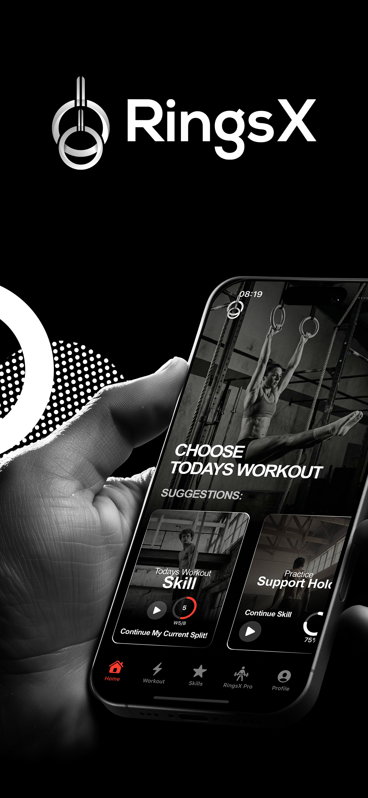 RingsX - Gym Ring Calisthenics - Main product screenshot demonstrating key features and user interface