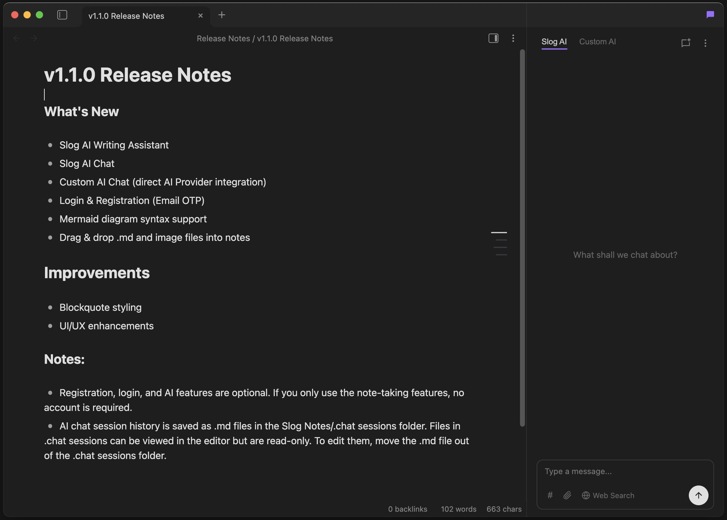 Slog Notes - Screenshot 2 showing product features and functionality