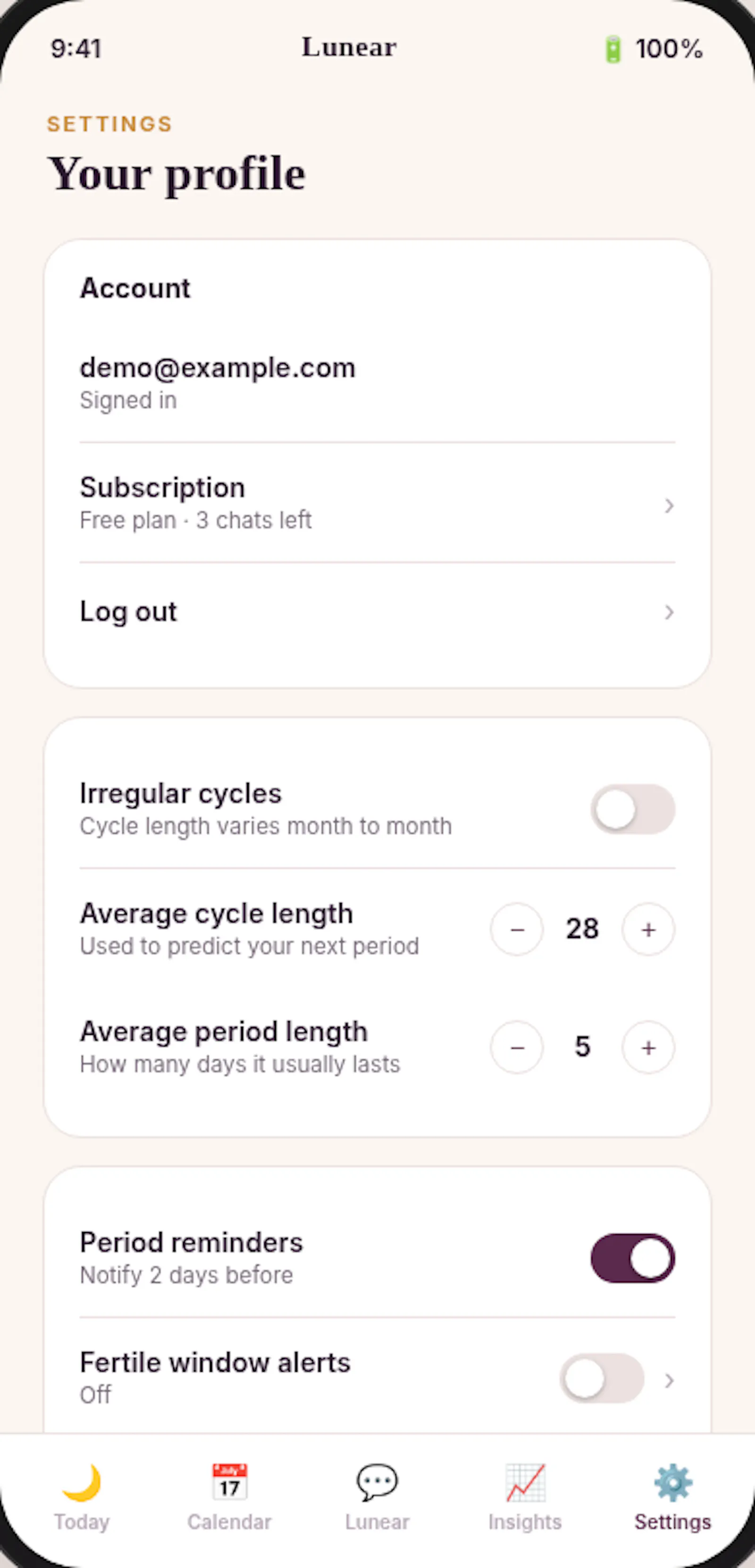 Lunear Period & Cycle Tracker screenshot 3