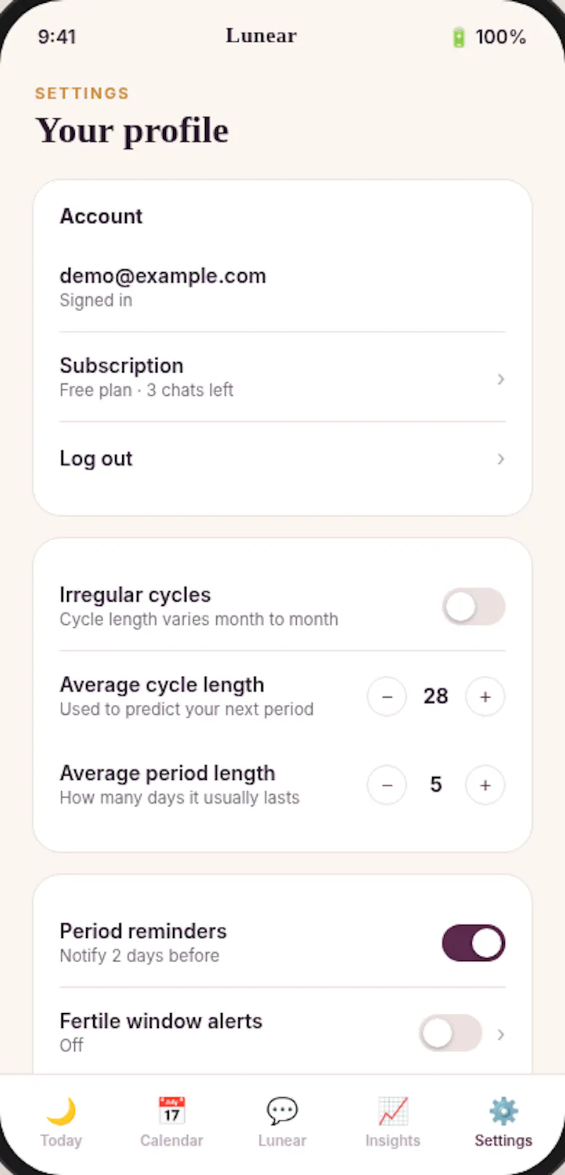 Lunear Period & Cycle Tracker screenshot 3