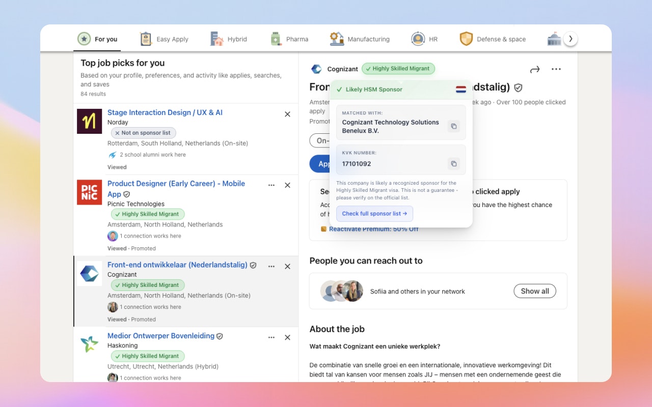 HSM Visa Sponsor Checker — LinkedIn - Main product screenshot demonstrating key features and user interface