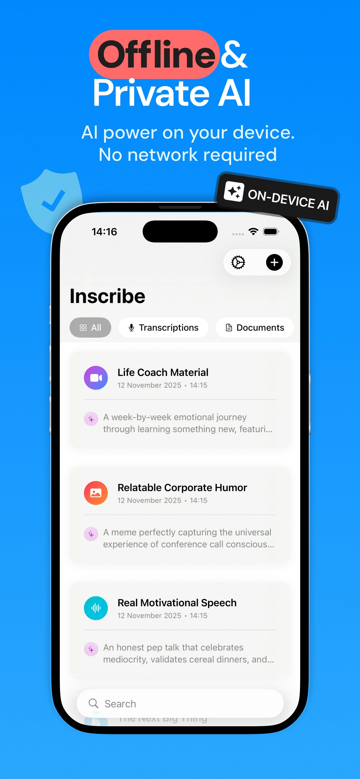 Inscribe: Offline AI Chat & Documents - Main screenshot showing features and interface