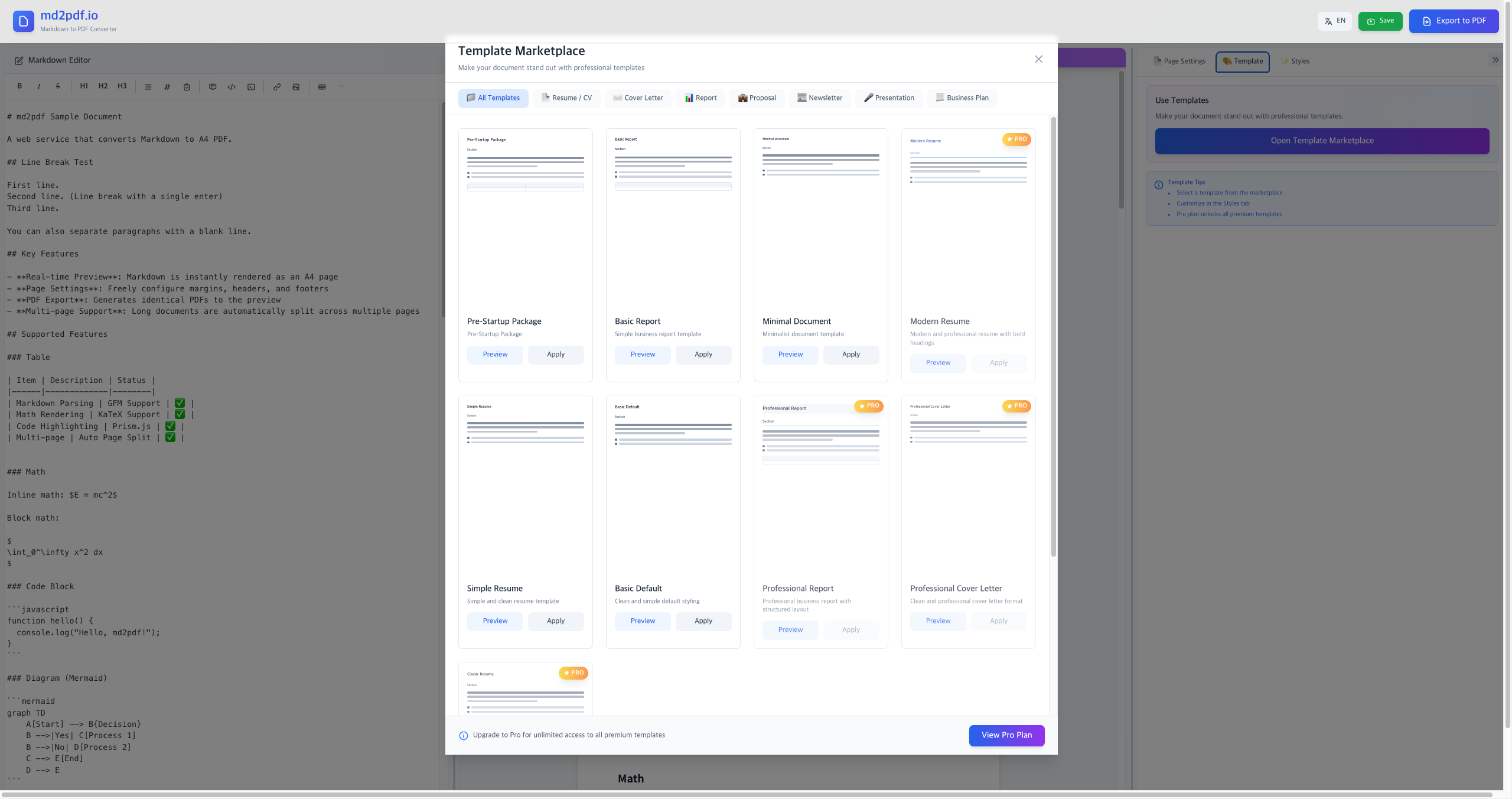 md2pdf.io - Real-time A4 Preview - Screenshot 4 showing product features and functionality