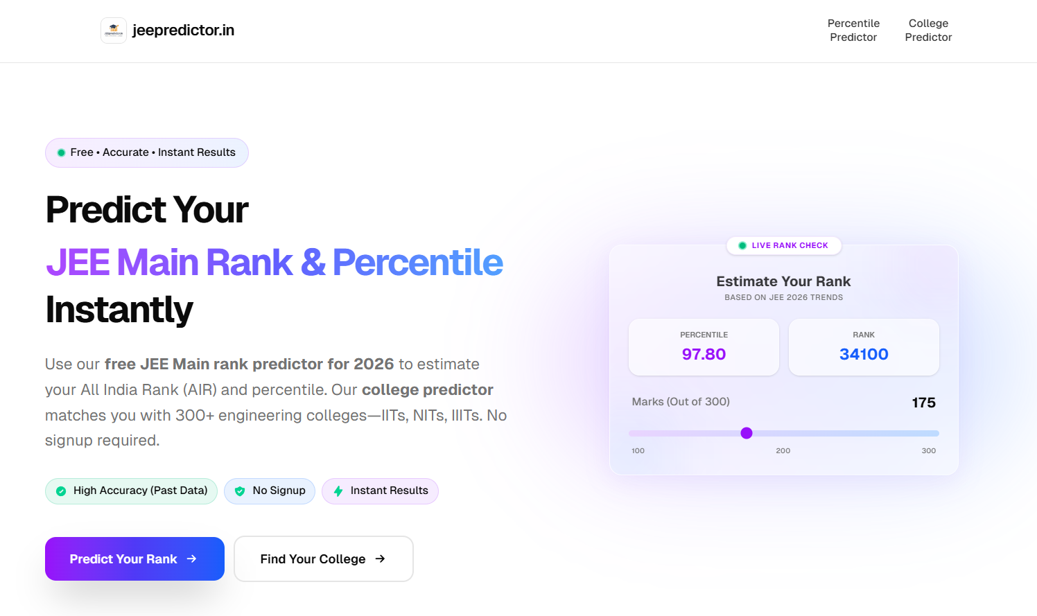 JEE Predictor - Main product screenshot demonstrating key features and user interface