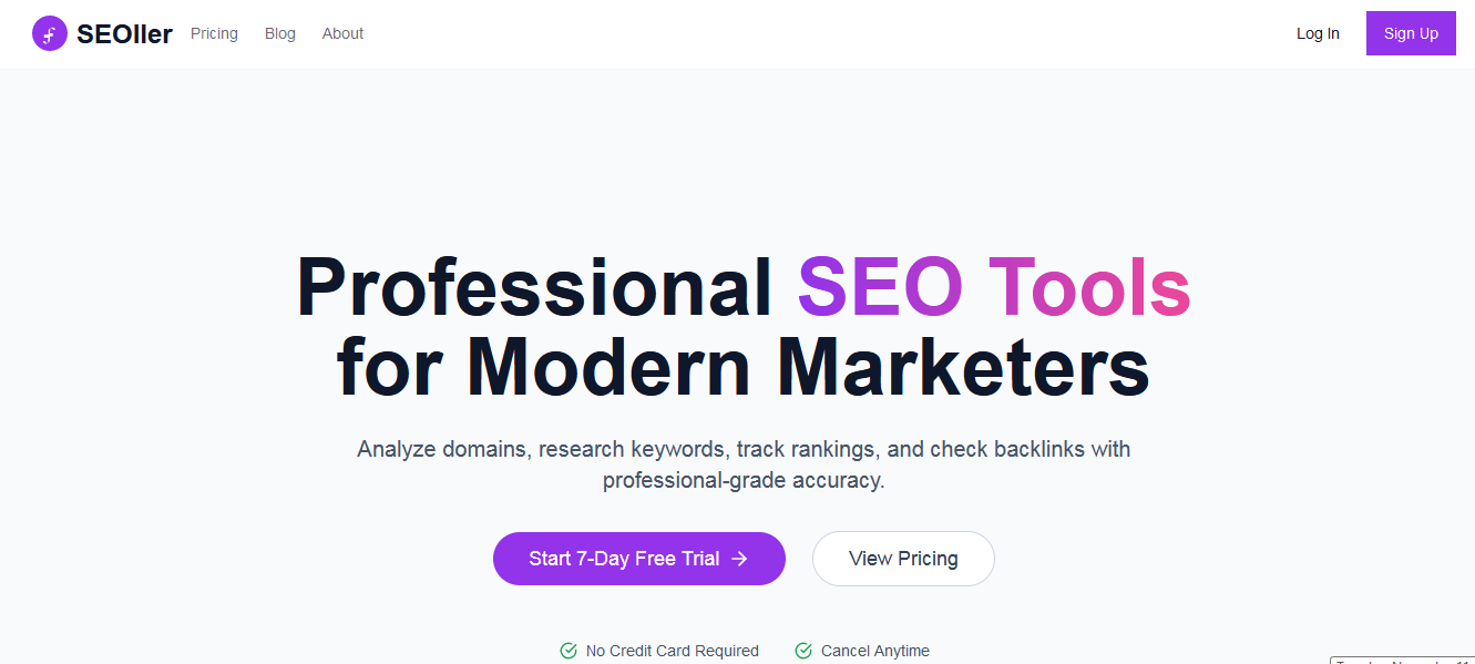 SEOller All-in-One SEO Analysis Platform - Main screenshot showing features and interface