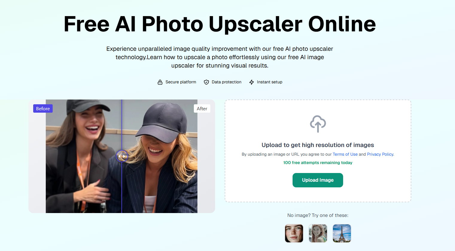 Free AI Photo Upscaler - Main product screenshot demonstrating key features and user interface