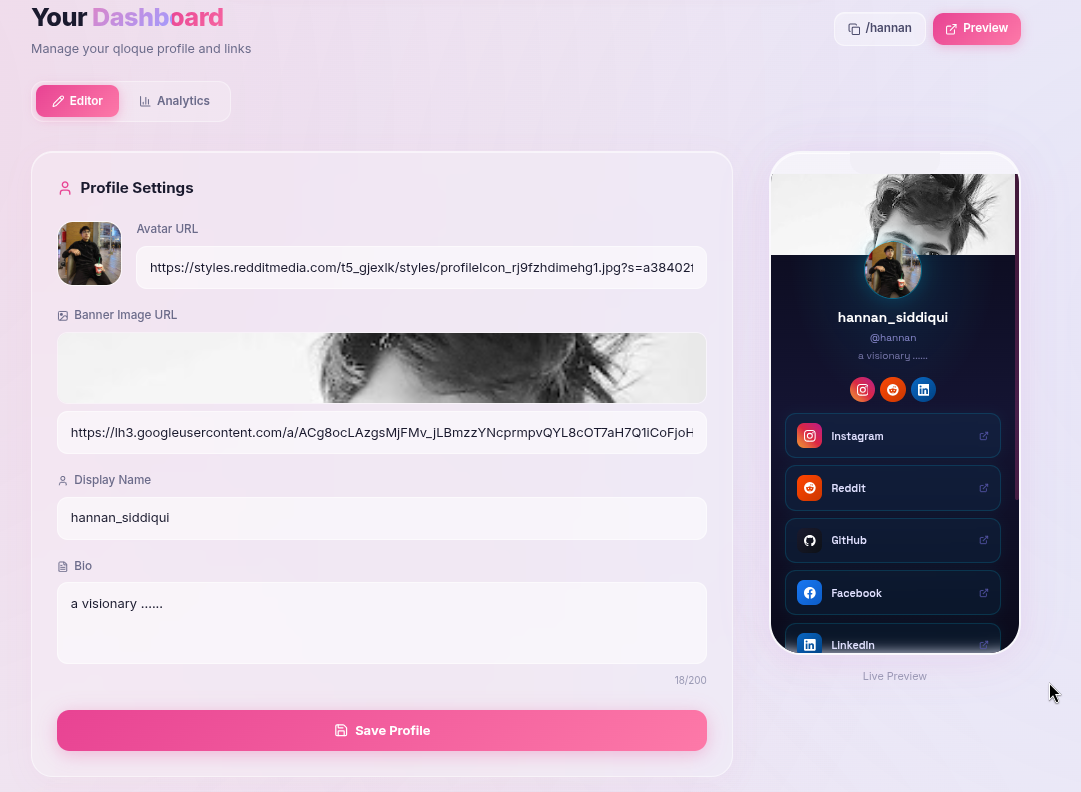 qloque —  link in Bio Application - Screenshot 2 showing product features and functionality
