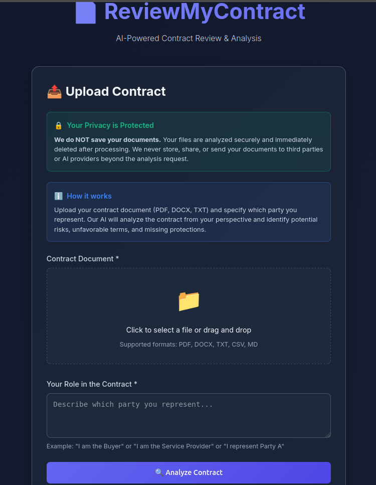ReviewMyContract - Main product screenshot demonstrating key features and user interface