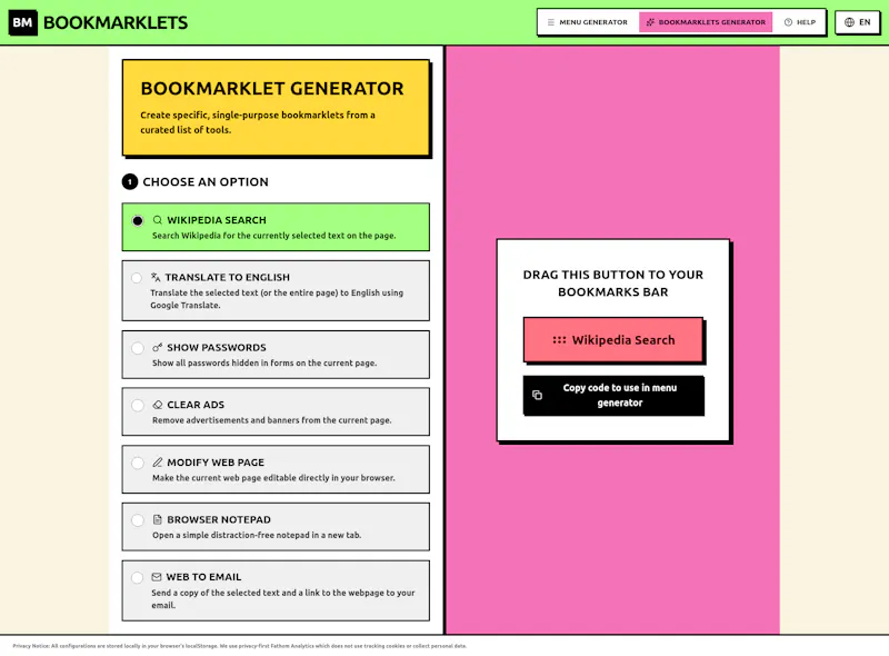 Bookmarklets screenshot 2