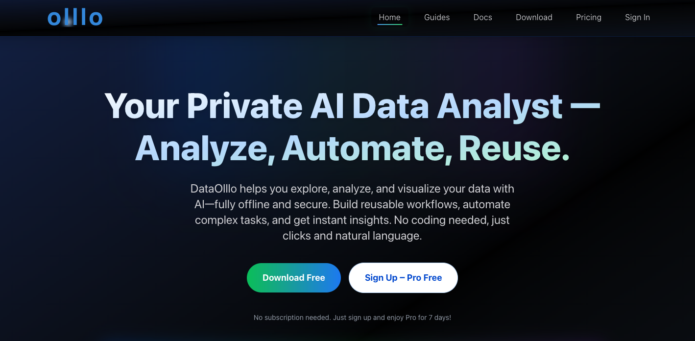 DataOlllo — Your Private AI Data Analyst - Main product screenshot demonstrating key features and user interface