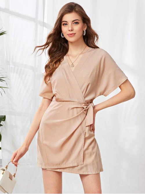 Plain Knot V Neck Surplice Neck Dress