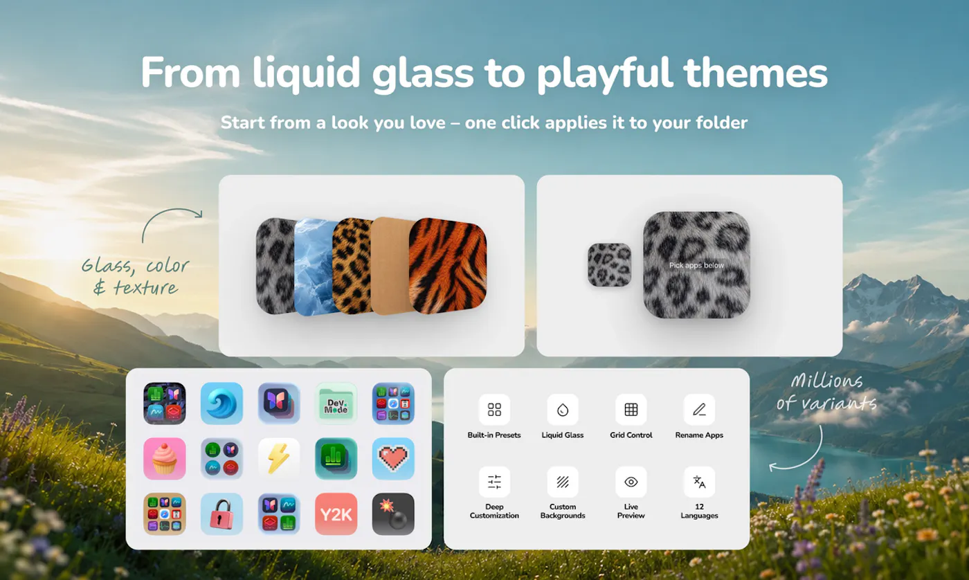 TinyFolder graphic 'From liquid glass to playful themes' showing folder styles including fur, glass and animal-print textures