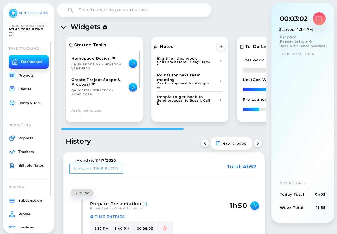 MinuteShark - Main product screenshot demonstrating key features and user interface
