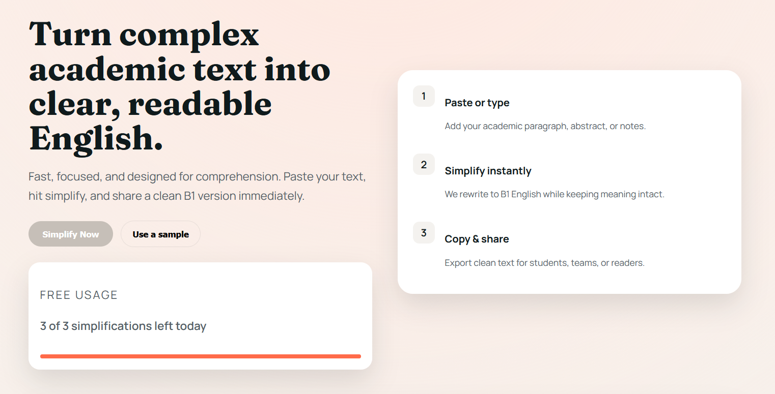 Academic Text → Simple, Clear English - Main product screenshot demonstrating key features and user interface