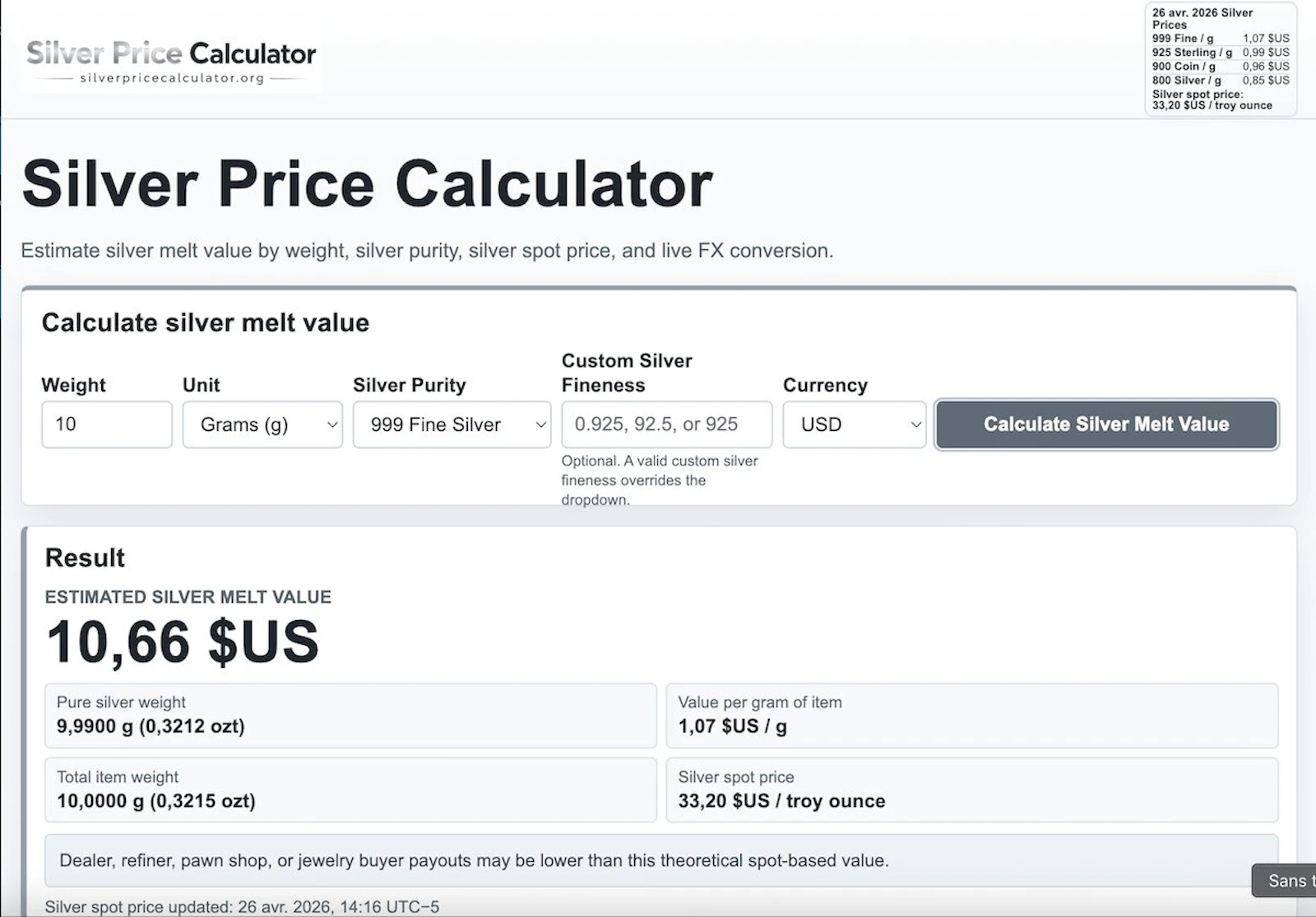 silverpricecalculator.org screenshot 1
