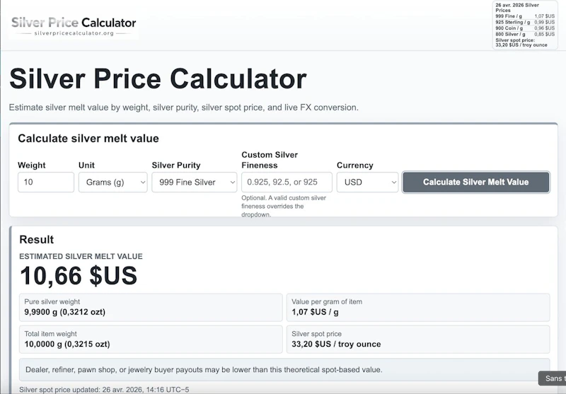 silverpricecalculator.org screenshot 1