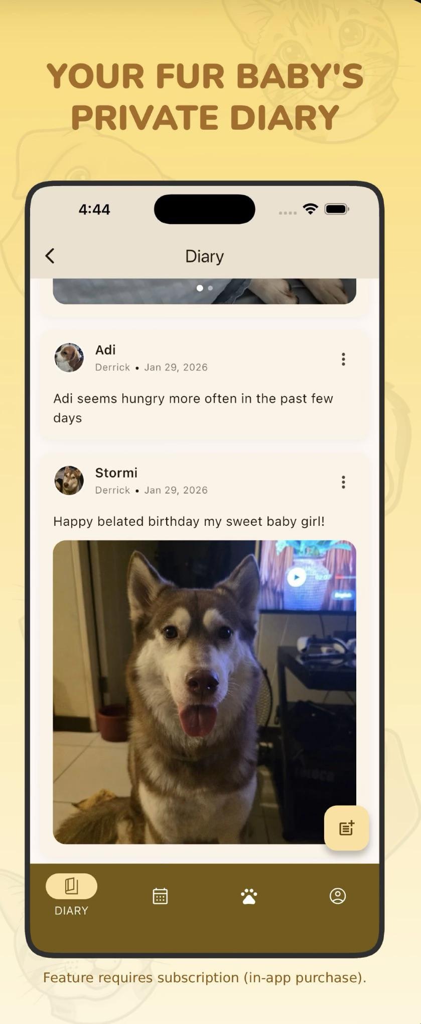 Pet Diary - Main product screenshot demonstrating key features and user interface