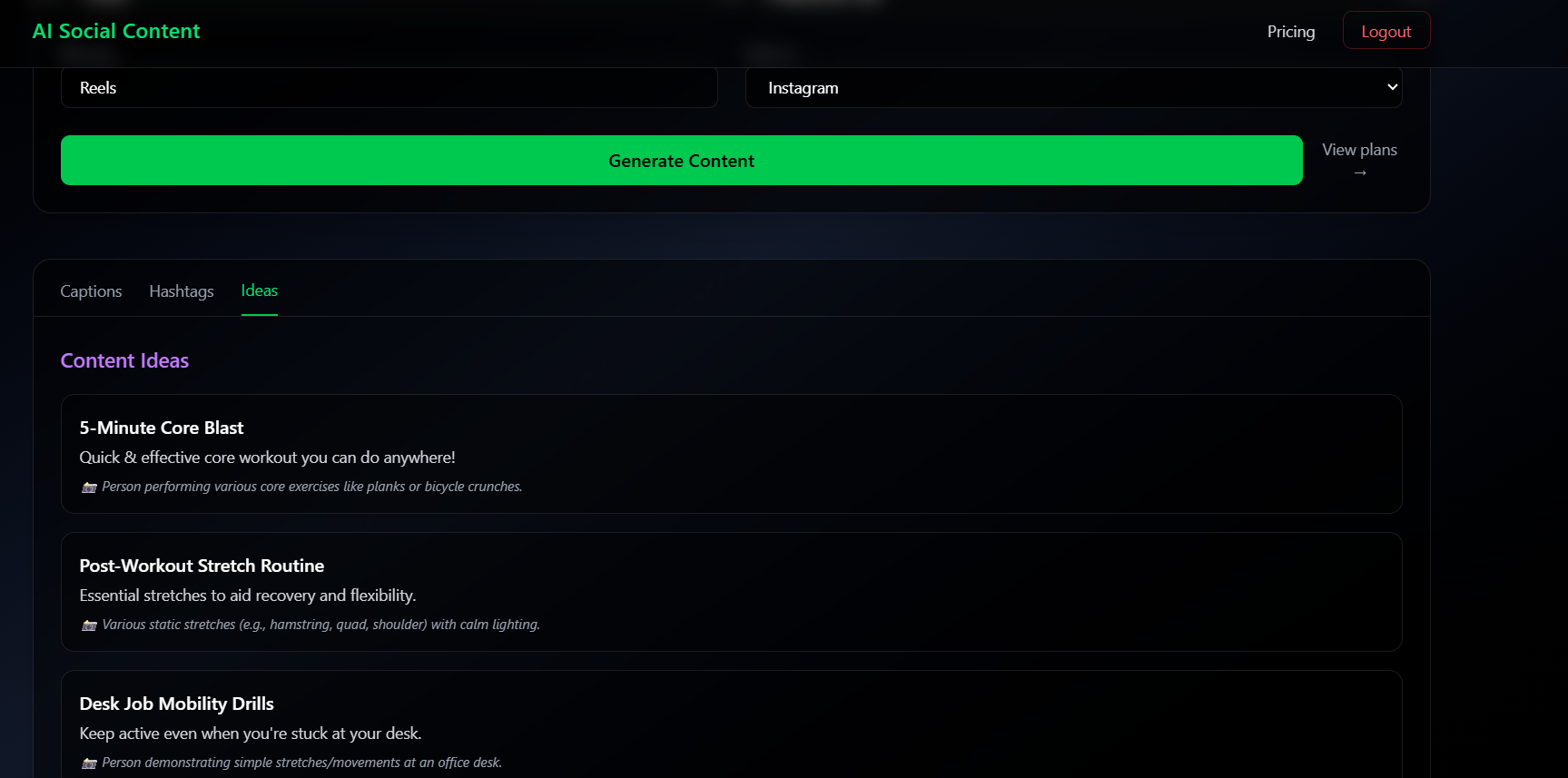 AI Social Content Generator - Screenshot 3 showing product features and functionality