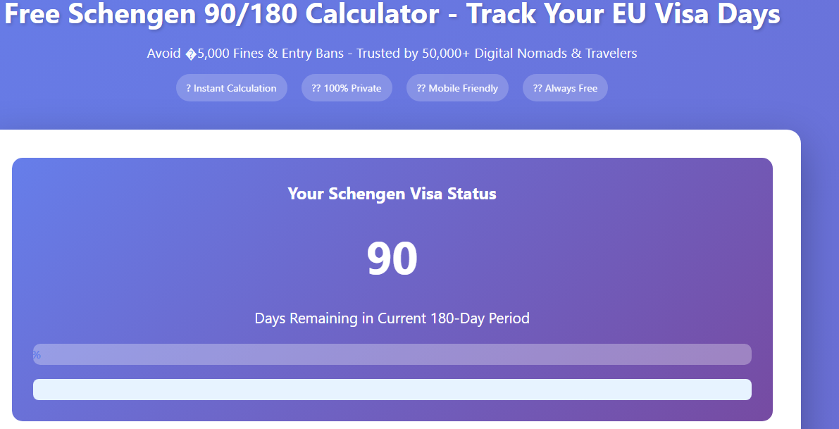 Schengen 90/180 Calculator - Main product screenshot demonstrating key features and user interface