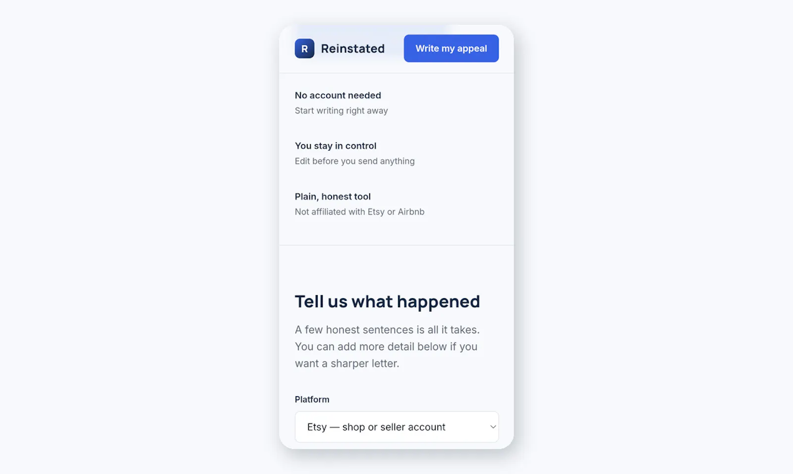 Reinstated: Etsy & Airbnb Appeals screenshot 2