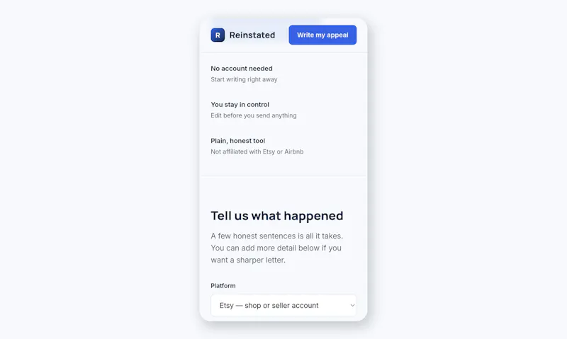 Reinstated: Etsy & Airbnb Appeals screenshot 2