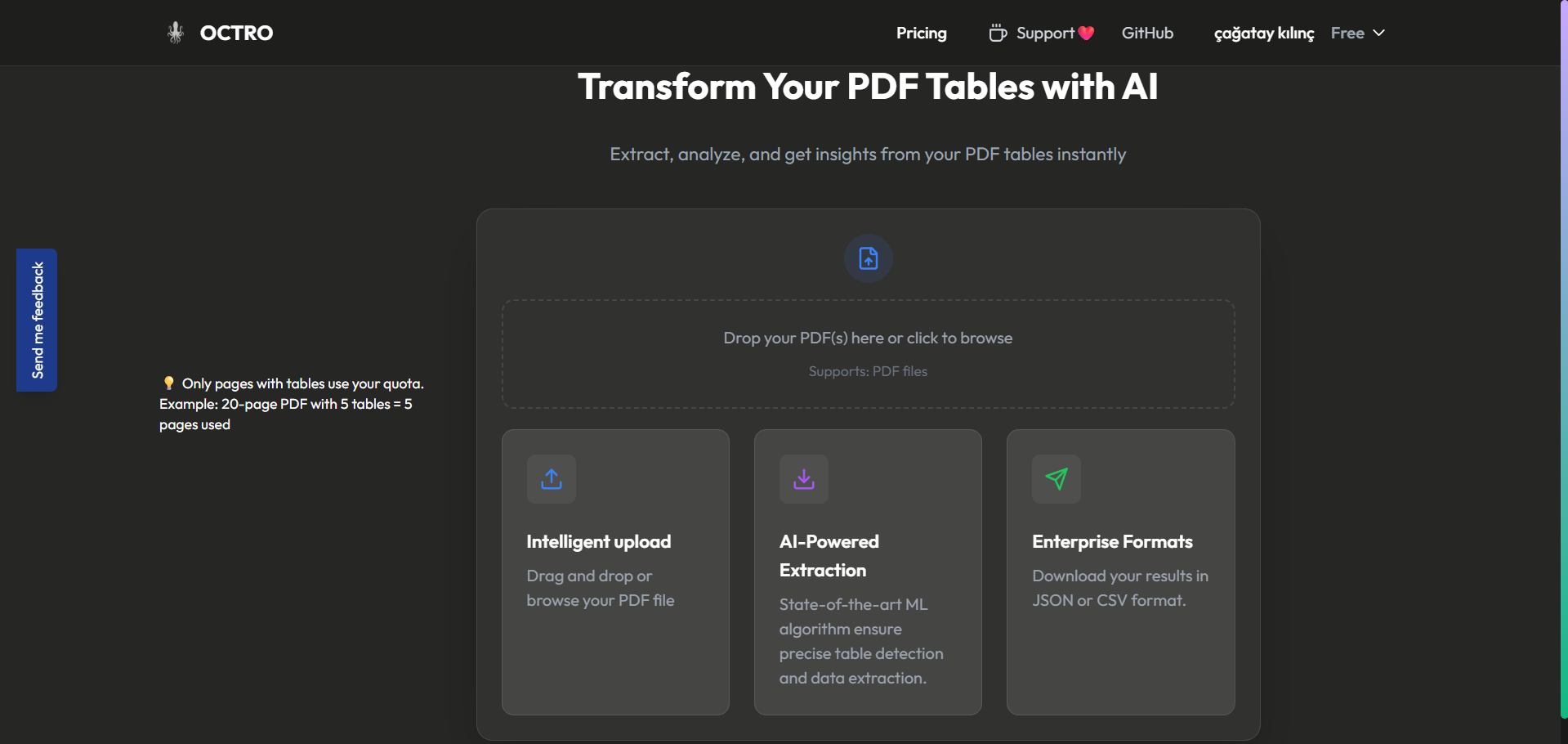 Octro - PDF Table Extraction - Main screenshot showing features and interface