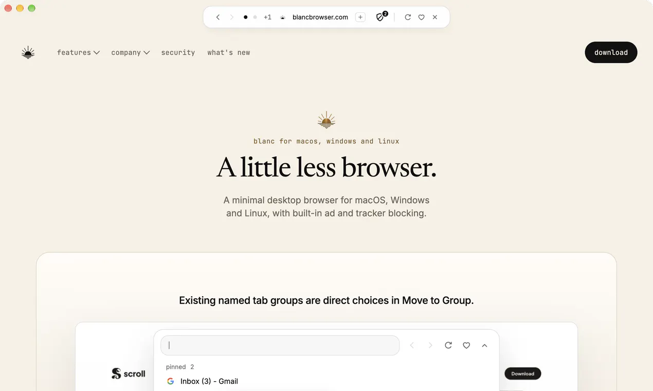 startuptile Blanc-A minimal browser with a floating island for a toolbar