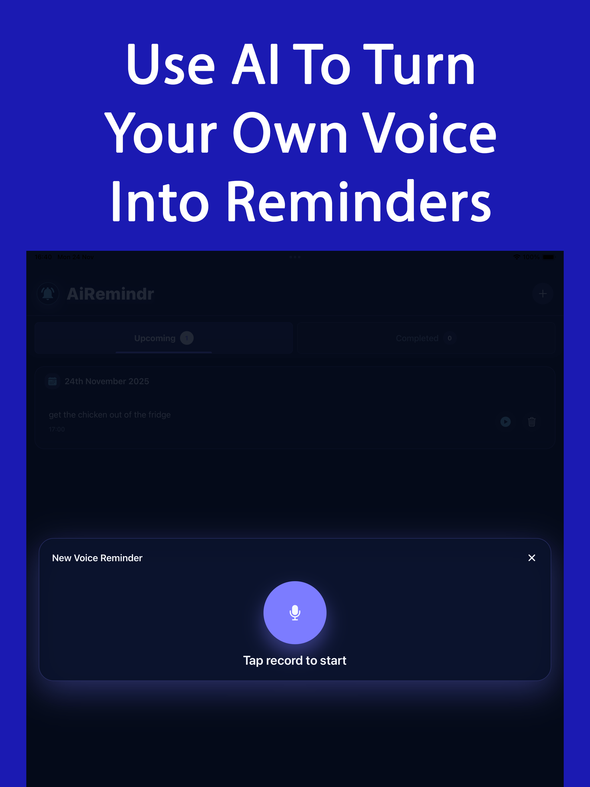 AiReminder - Voice to Reminder - Main product screenshot demonstrating key features and user interface