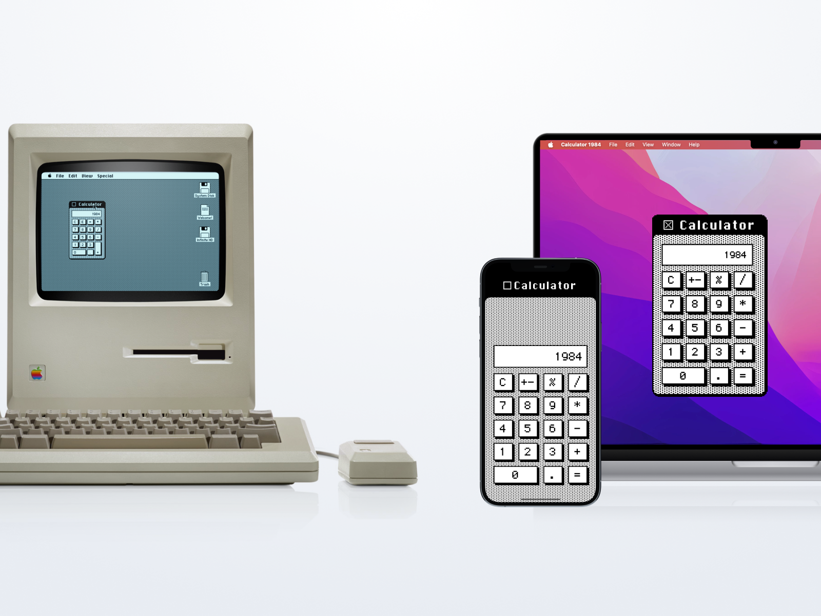 เครื่องคิดเลข 1984 - เครื่องคิดเลขสไตล์ Macintosh ย้อนยุคและสติ๊กเกอร์ศิลปะพิกเซล media 1