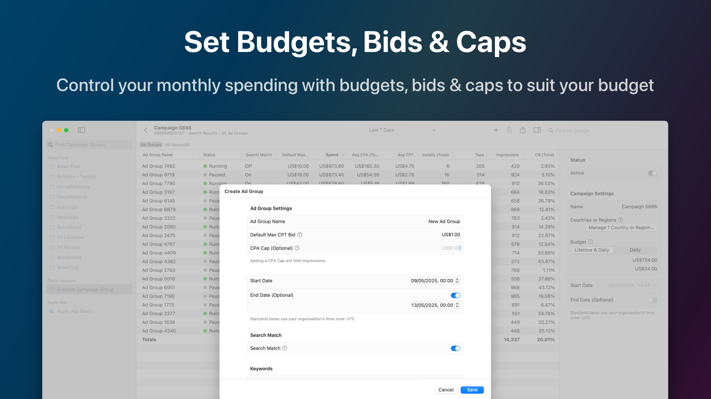 Bullseye - Apple Ads Manager для Mac - Управление Apple Search Adcames, рекламными группами и ключевыми словами медиа 6