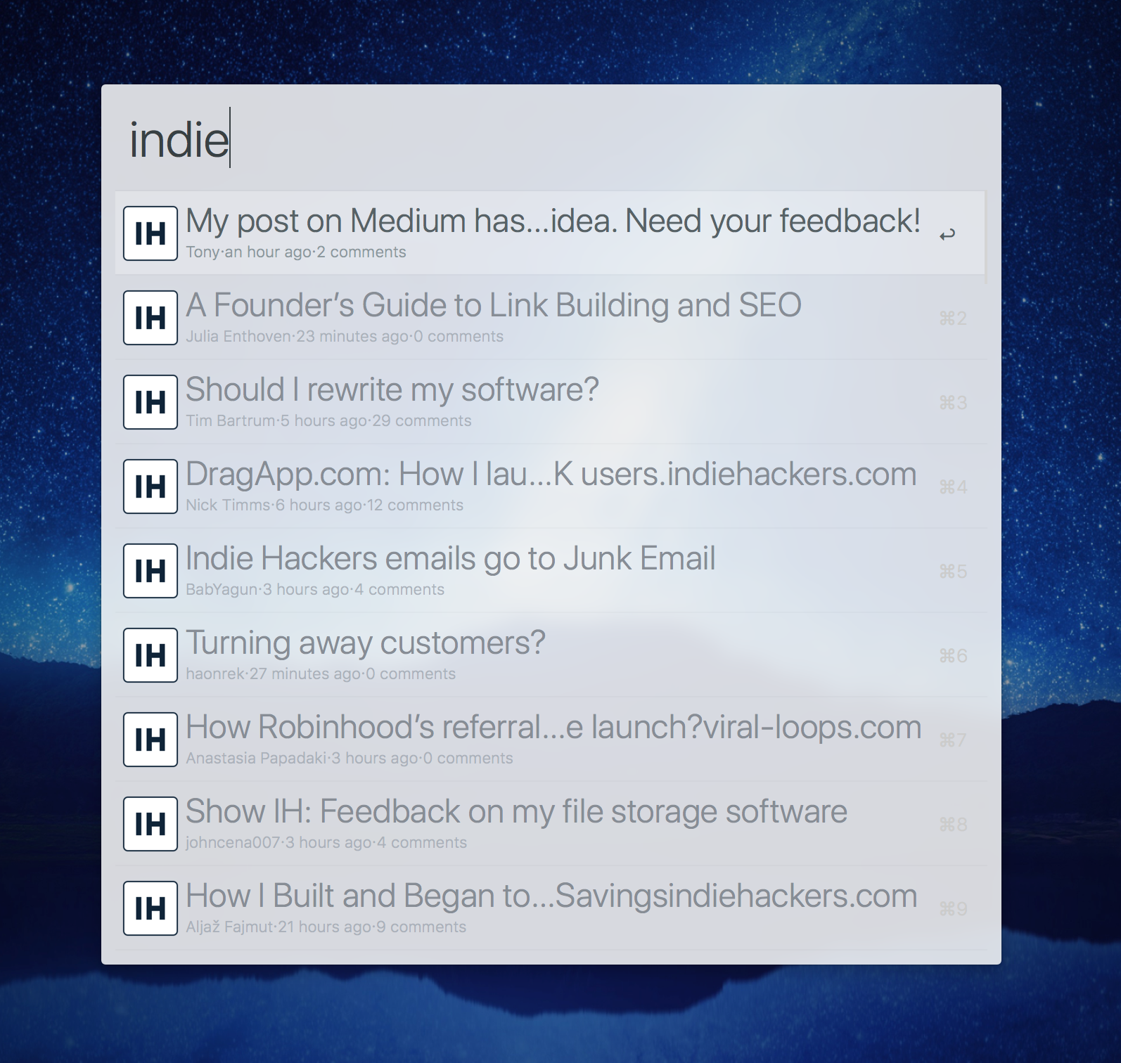 Indie Hackers Alfred Workflow