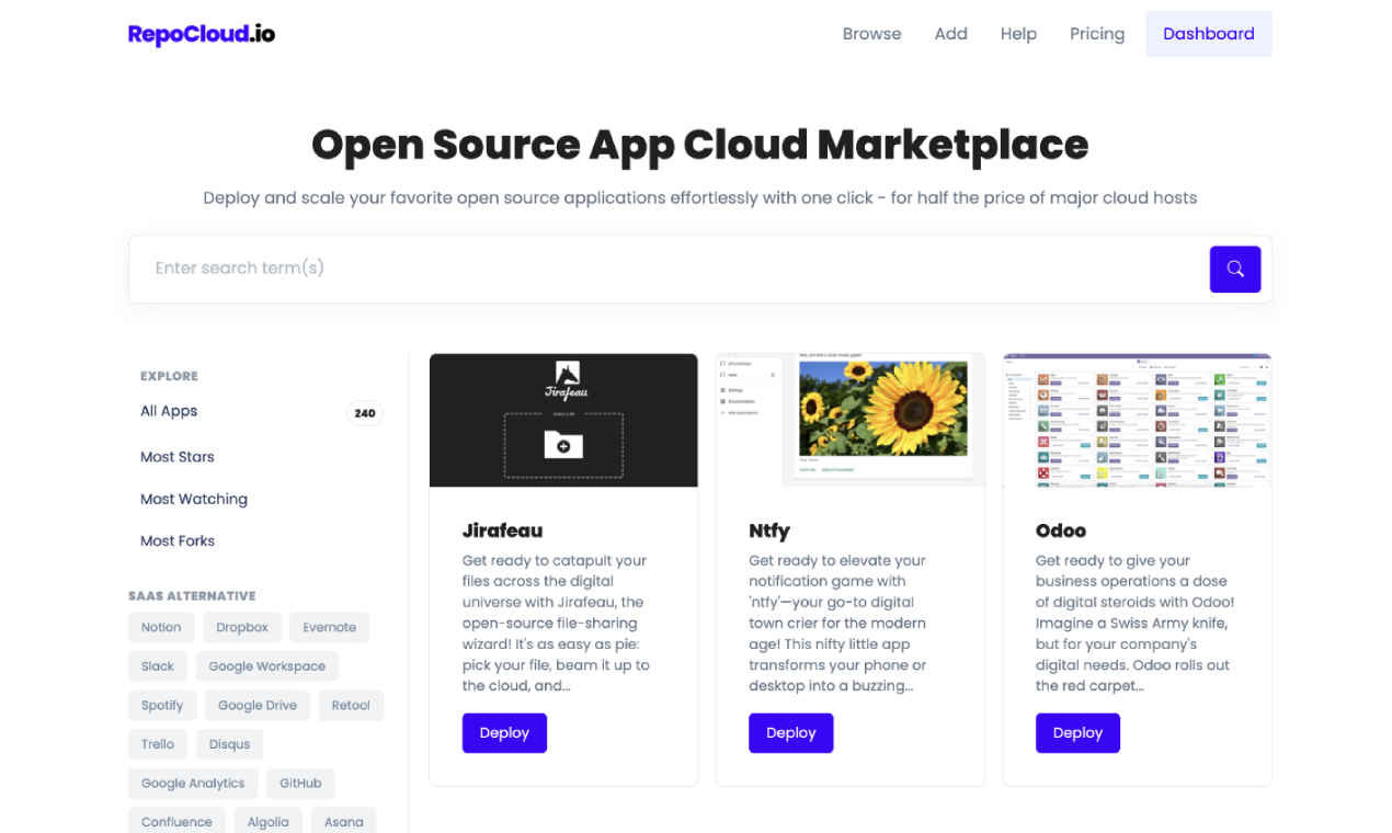 Repocloud.io Open Source App Marketplace - 200+ implementaties met één klik. 50% besparingen. Gratis proefcredits. media 1