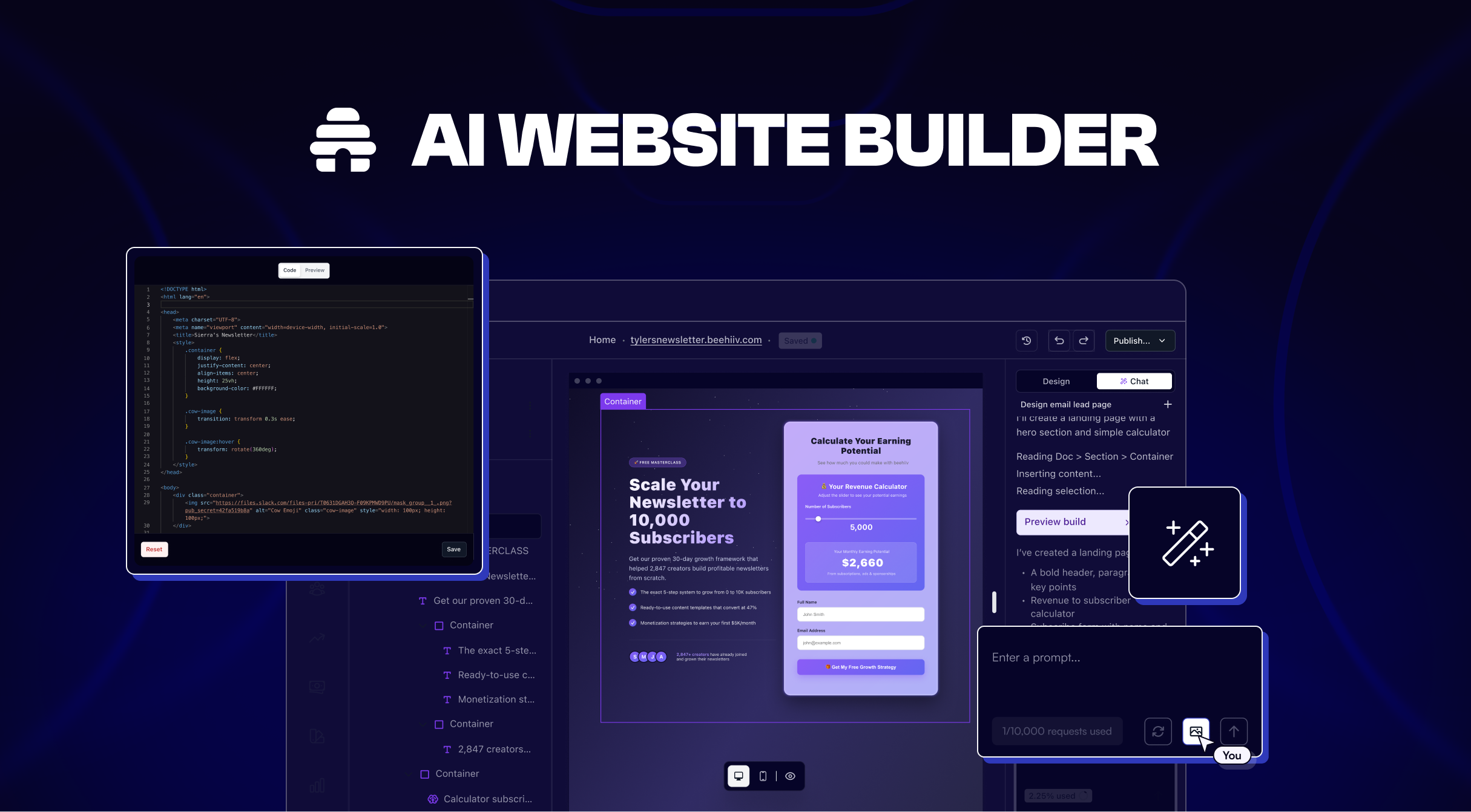 AI Website Builder by beehiiv - Main screenshot showing features and interface