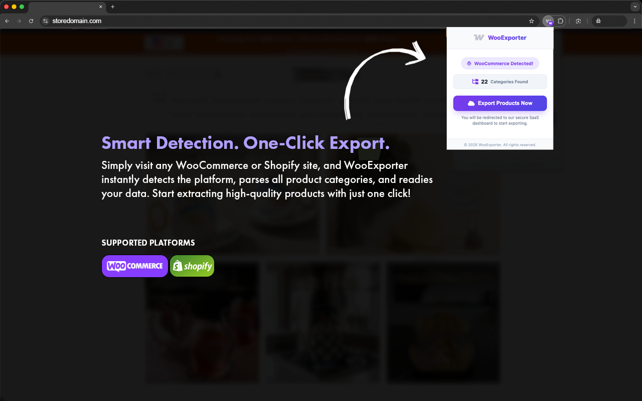 WooExporter - Woo & Shopify Scraper - Main product screenshot demonstrating key features and user interface