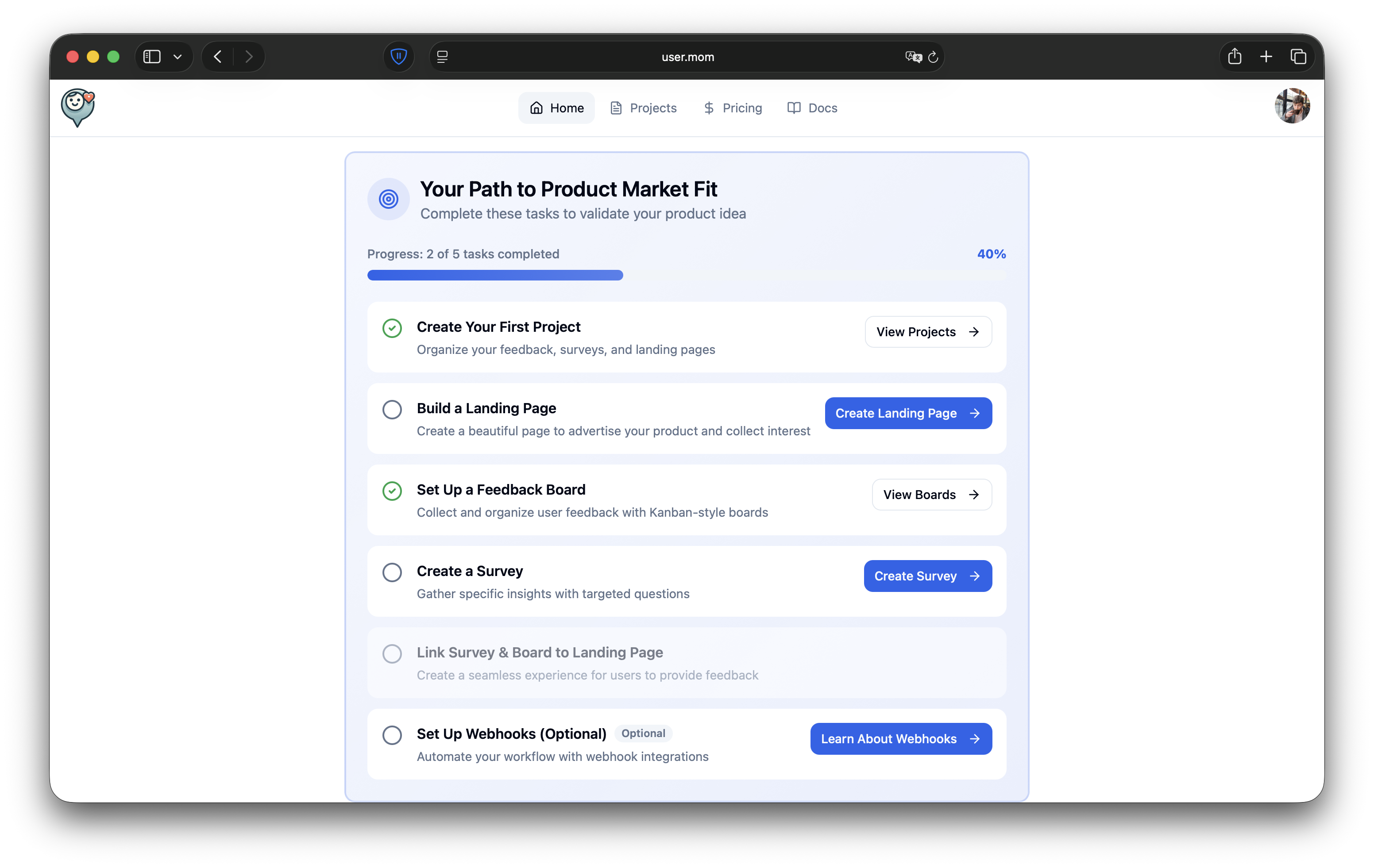 user.mom: Surveys, Landing-Pages, Boards - Screenshot 2 showing product features and functionality