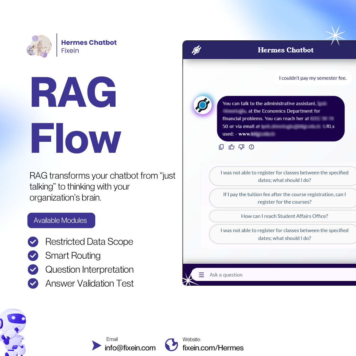 Fixein Hermes Chatbot - Screenshot 2 showing product features and functionality