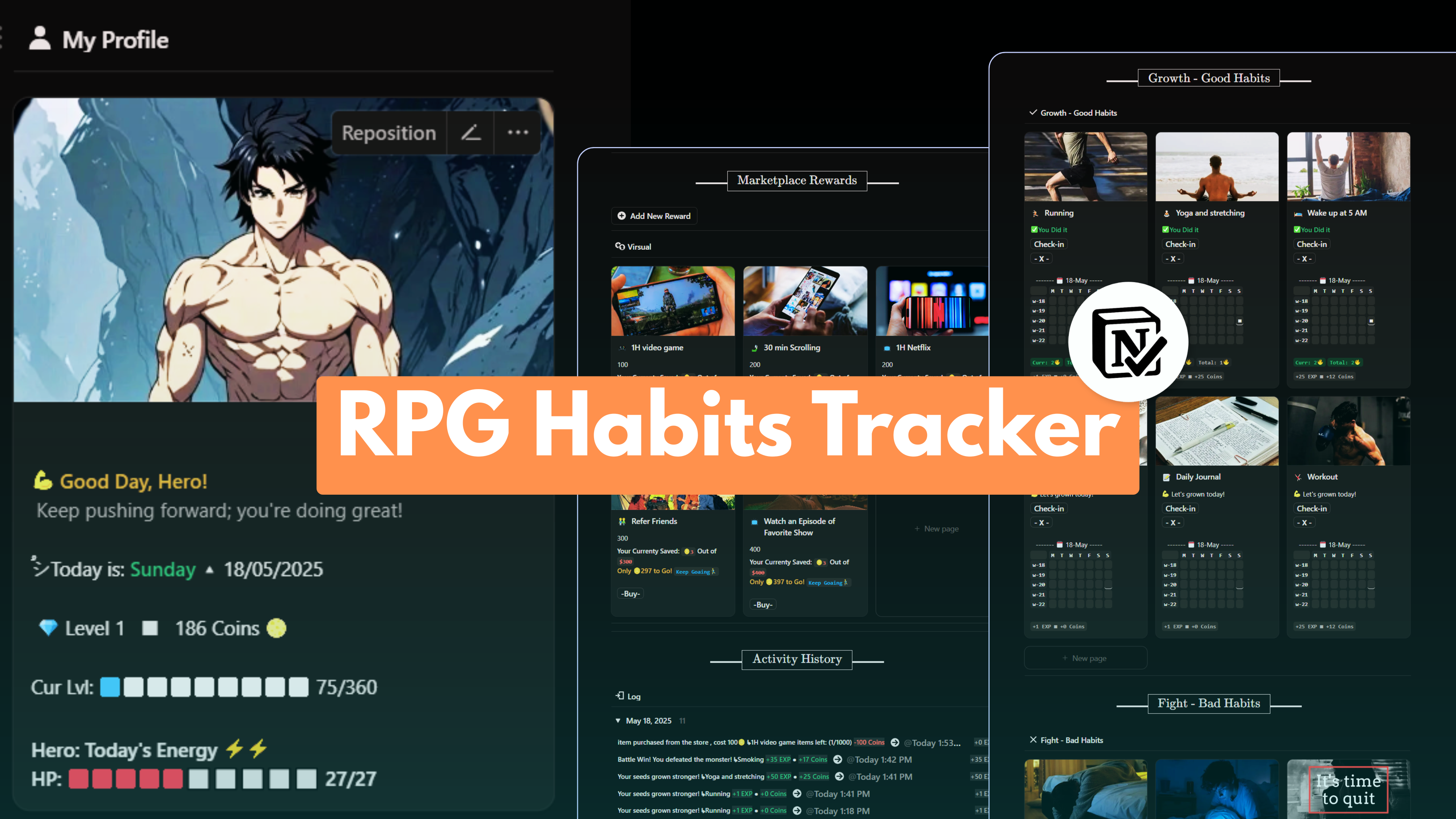 RPG 습관 추적기 - 개념 템플릿 - 평평한 삶 : 최고의 RPG 습관 추적기 시스템 미디어 1