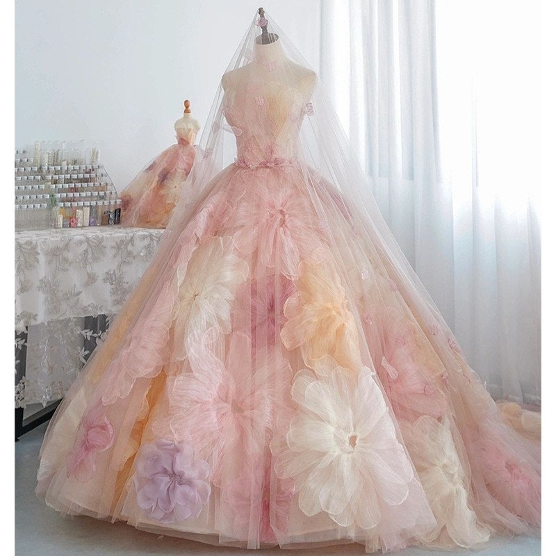 Flores 3d sin tirantes vestidos de boda rosa - vestidos de novia color, vestidos de novia rosa media 2