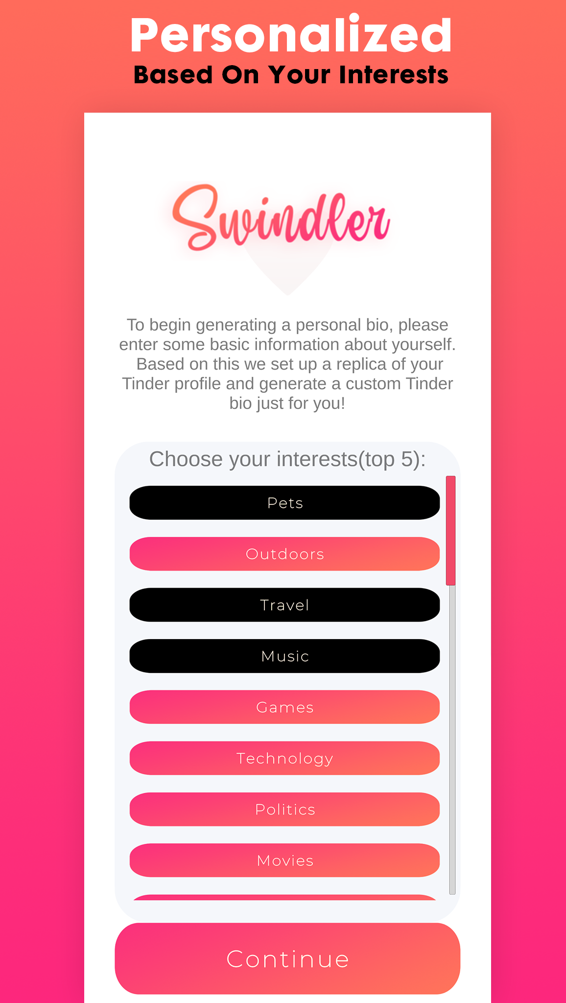 Swindler : ai와 함께 create.tinder.bio - AI를 사용하여 몇 초 안에 개인화 된 틴더 바이오를 생성하십시오. 미디어 3