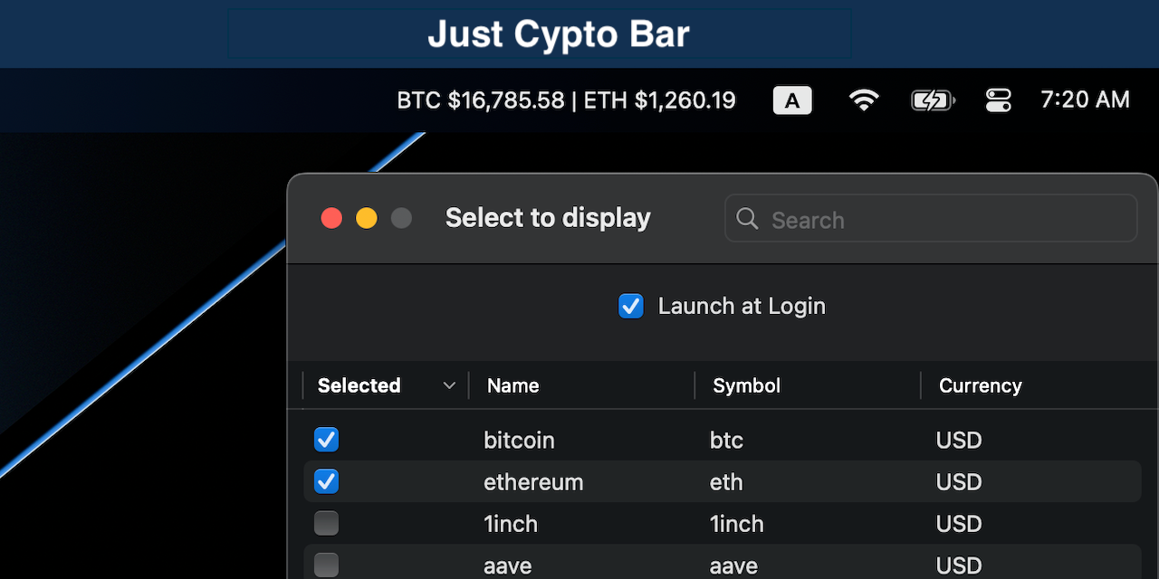 Media Hanya crypto bar - Live Coin Tracker (BTC, ETH & LAIN) 💰 di bar macOS anda 2