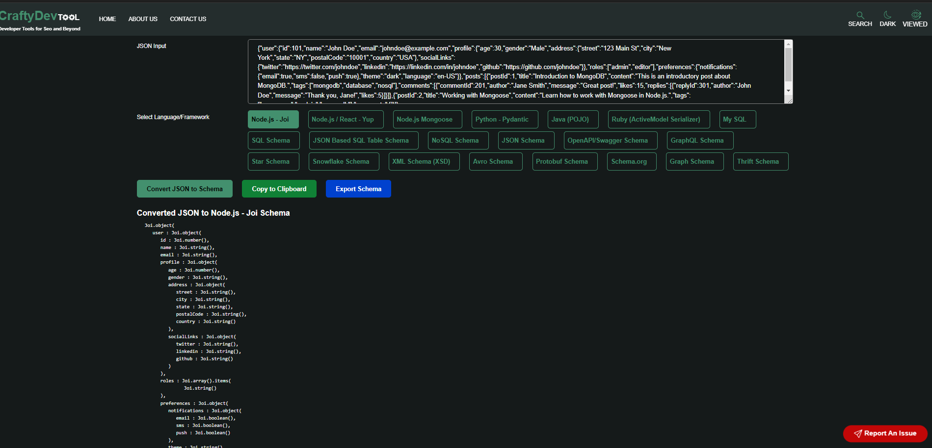 Mídia 1 de JSON para Node Joi Schema Converter - Converter ou gerar o esquema JOI Validationsimple da JSON